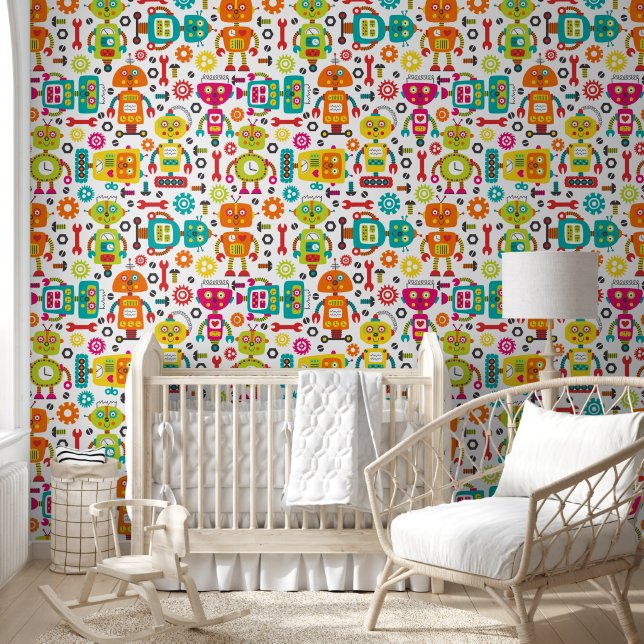 Robot Colourful Fun Pink Green Orange Pattern Wallpaper (Kids)