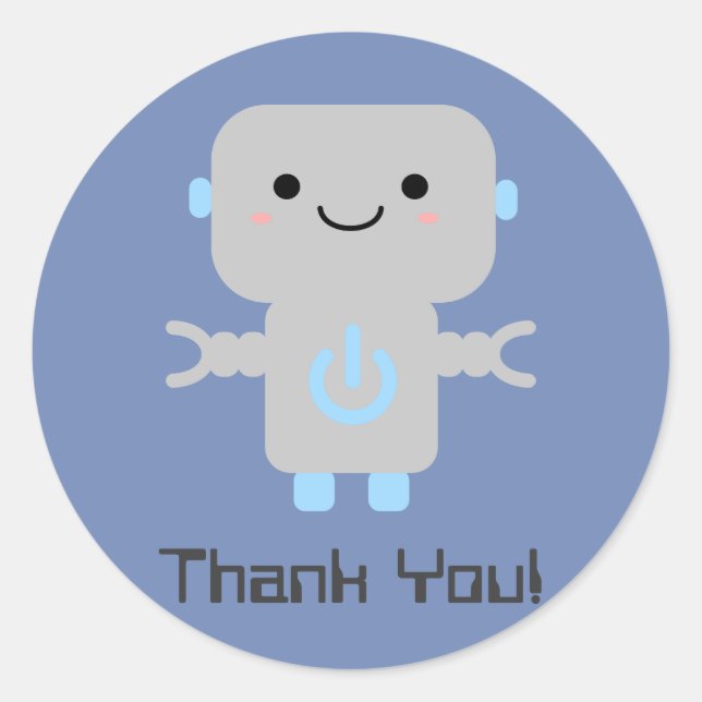 Robot Cute Cartoon Thank You Blue Classic Round Sticker (Front)