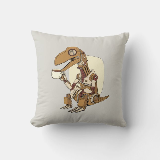 Robot Dinosaur Drinking Coffee Cushion (Front)