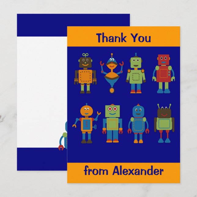 Robot Friends Child's Personalised Flat Thank You  (Front/Back)