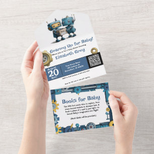 Robot Gearing Up for Baby & Books All In One Invitation