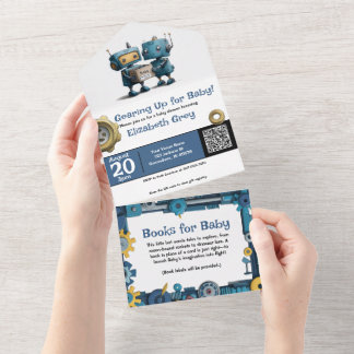 Robot Gearing Up for Baby & Books All In One Invitation