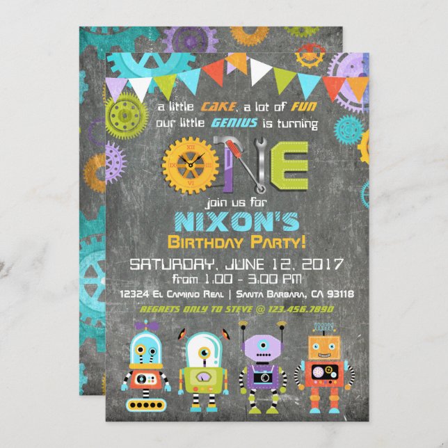 Robot Genius Gears Tools Chalkboard Birthday Invitation (Front/Back)