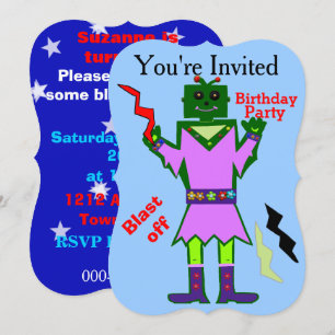 Robot Girl Blast Off and Stars Birthday Party Invitation