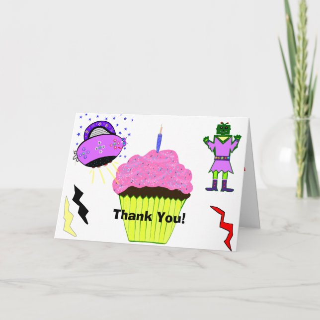 Robot Girl Pink Cupcake Birthday Thank You Card (Front)