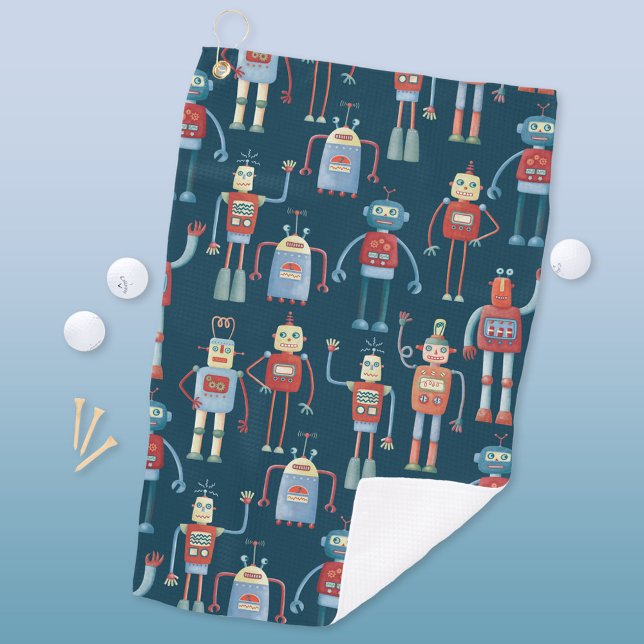 Robot Golf Towel (Retro robot pattern fun art golf towel)