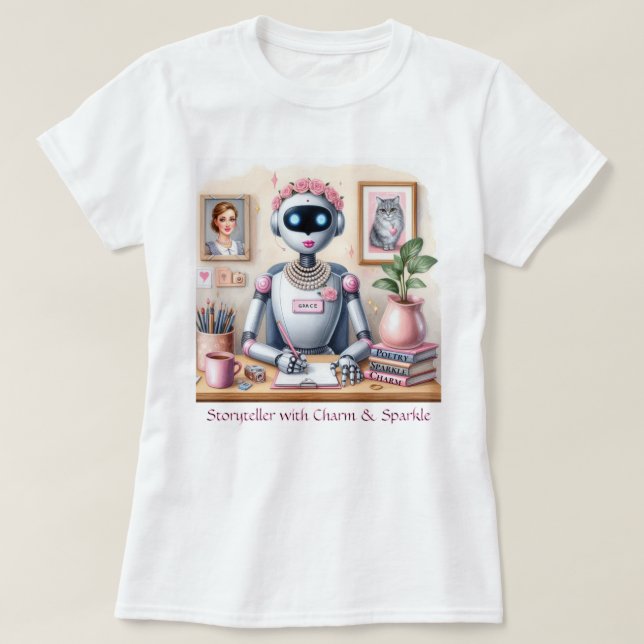 Robot Grace Storyteller Poetry Charm Sparkle Pink T-Shirt (Design Front)