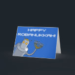 Robot Hanukkah! Holiday Card<br><div class="desc">This card is for your Jewish friends. Or robot friends. Or Jewish robot friends. It depicts a robot with a bolted-on yarmulke and a menorah for a hand. The background is bright blue, with the words "Happy Robanukkah!" in white letters - although you can totally delete or change that caption...</div>