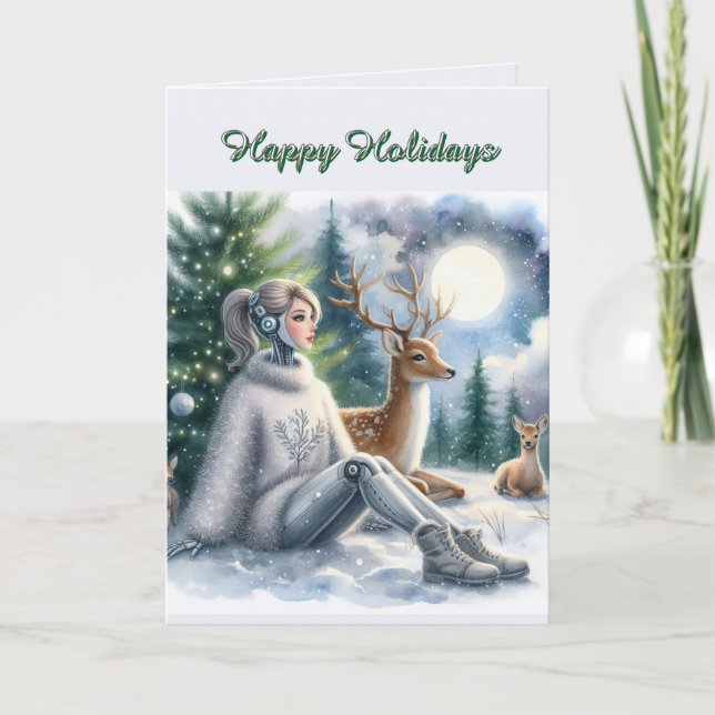 Robot Happy Holidays Tech Girl  Card (Front)