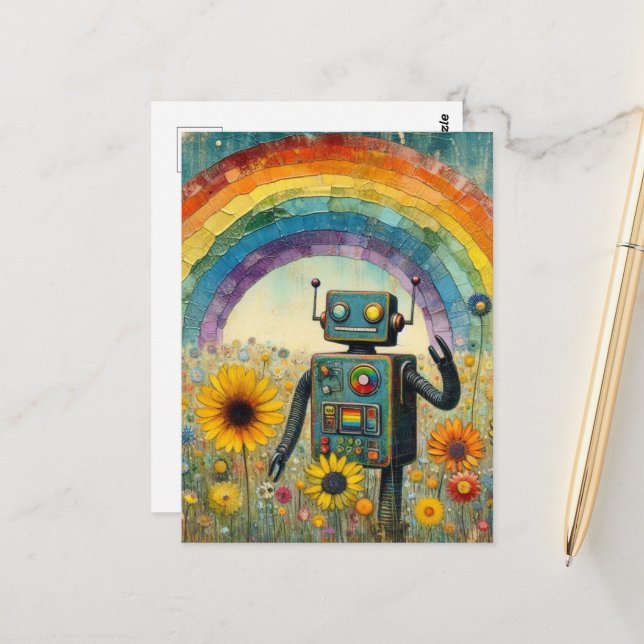 Robot in a Flower Meadow with a Rainbow Encaustic  Postcard (Front/Back In Situ)