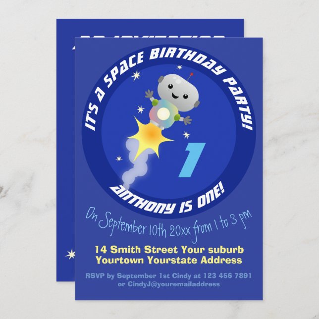 Robot in space cartoon 1st birthday personalised invitation (Front/Back)