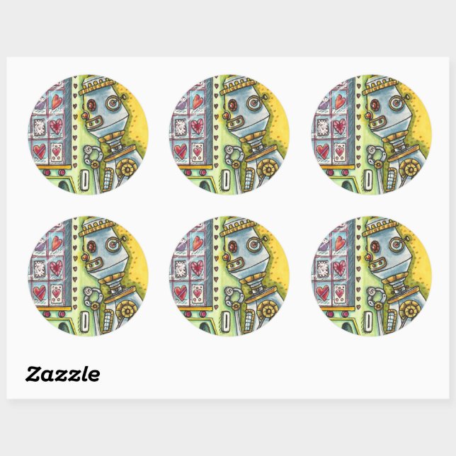 ROBOT LOOKING FOR LOVE, HEART VENDING MACHINE CUTE CLASSIC ROUND STICKER (Sheet)