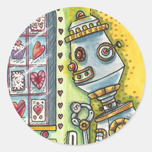 ROBOT LOOKING FOR LOVE, HEART VENDING MACHINE CUTE CLASSIC ROUND STICKER (Front)