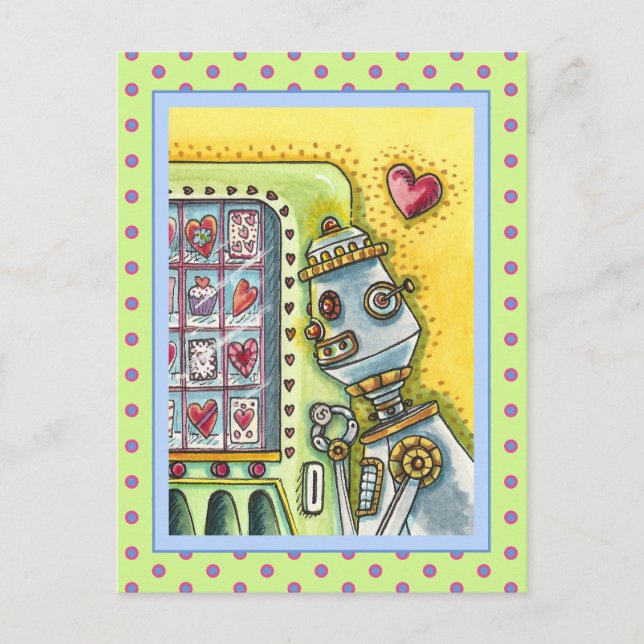 ROBOT LOOKING FOR LOVE, HEART VENDING MACHINE CUTE POSTCARD (Front)