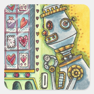 ROBOT LOOKING FOR LOVE, HEART VENDING MACHINE CUTE SQUARE STICKER