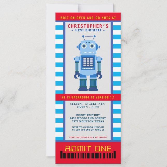Robot party Birthday ticket Invitation (Front)