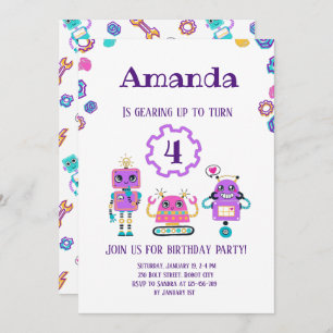 Robot party Girl Pink birthday Invitation