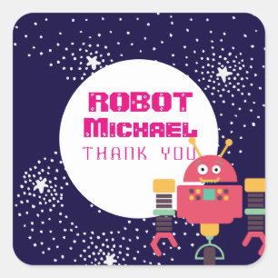 ROBOT Party Supplies Blue Pink Stars Nuts n Bolts Square Sticker
