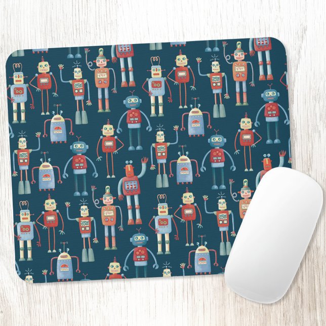 Robot Pattern Dark Mouse Mat (Retro robots fun art mousemat)