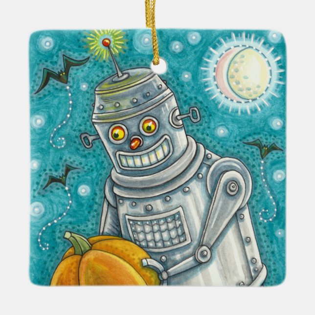 ROBOT PICKING PUMPKINS , HALLOWEEN MECHANICAL MAN CERAMIC ORNAMENT (Front)