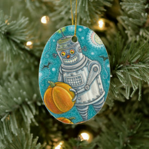 ROBOT PICKING PUMPKINS , HALLOWEEN MECHANICAL MAN CERAMIC TREE DECORATION