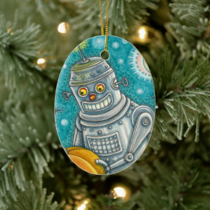 ROBOT PICKING PUMPKINS , HALLOWEEN MECHANICAL MAN CERAMIC TREE DECORATION