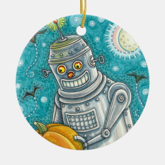 ROBOT PICKING PUMPKINS , HALLOWEEN MECHANICAL MAN CERAMIC TREE DECORATION (Front)