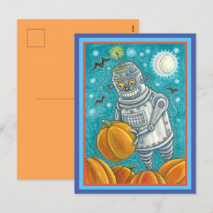 ROBOT PICKING PUMPKINS , HALLOWEEN MECHANICAL MAN HOLIDAY POSTCARD