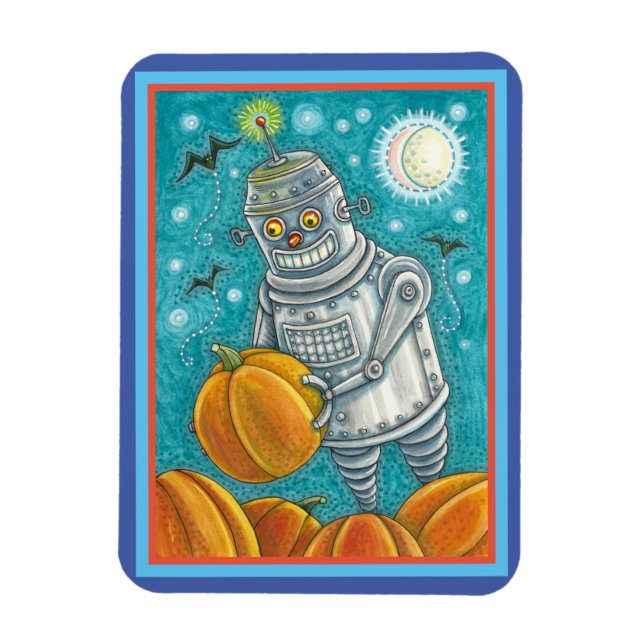 ROBOT PICKING PUMPKINS , HALLOWEEN MECHANICAL MAN MAGNET (Vertical)