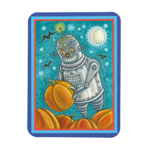 ROBOT PICKING PUMPKINS , HALLOWEEN MECHANICAL MAN MAGNET