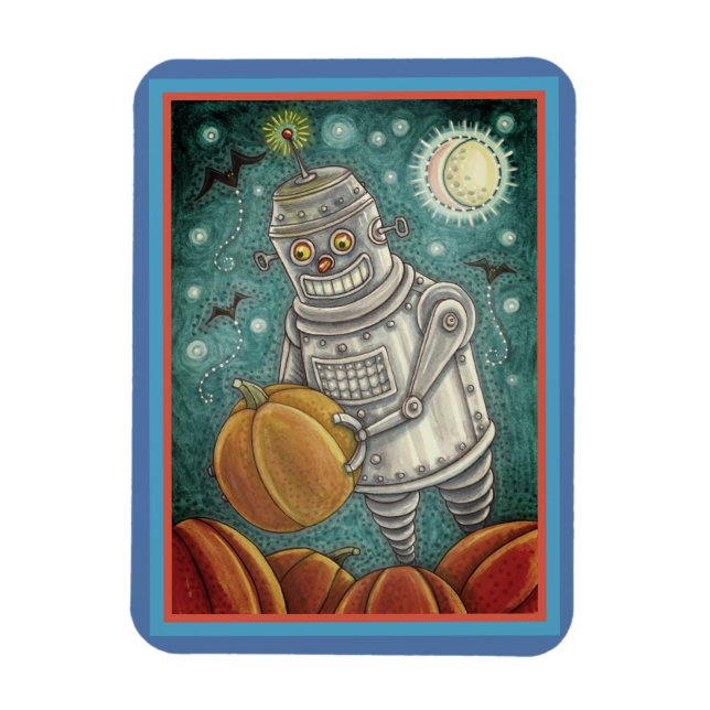 ROBOT PICKING PUMPKINS , HALLOWEEN MECHANICAL MAN MAGNET (Vertical)