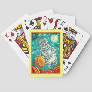 ROBOT PICKING PUMPKINS , HALLOWEEN MECHANICAL MAN PLAYING CARDS