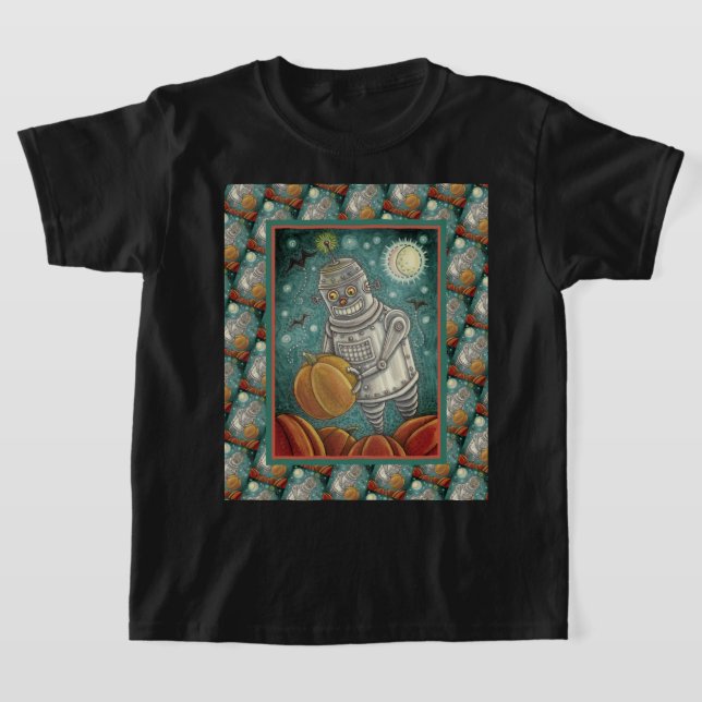 ROBOT PICKING PUMPKINS , HALLOWEEN MECHANICAL MAN T-Shirt (Laydown)