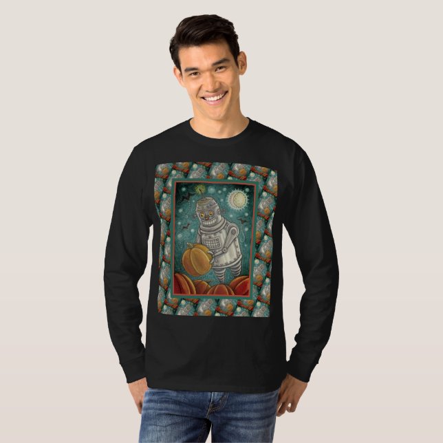 ROBOT PICKING PUMPKINS , HALLOWEEN MECHANICAL MAN T-Shirt (Front Full)