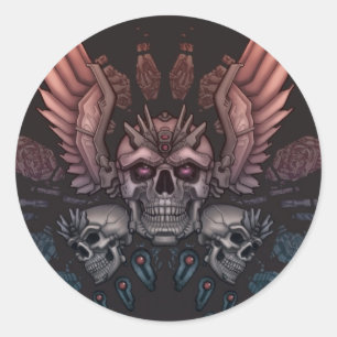 Robot Skull + Wings Classic Round Sticker