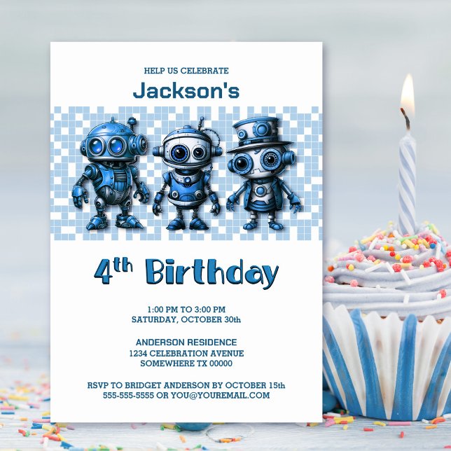 Robot Theme 4th Birthday Party Invitation (Creator Uploaded)