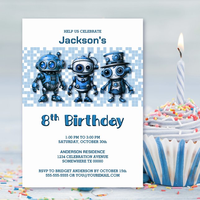 Robot Theme 8th Birthday Party Invitation (Creator Uploaded)