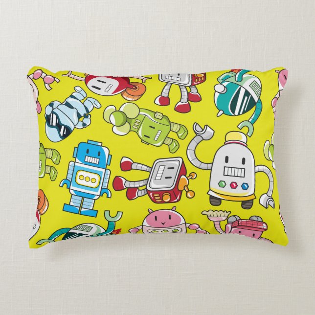 Robot Theme: Colourful Seamless Pattern. Decorative Cushion (Front)