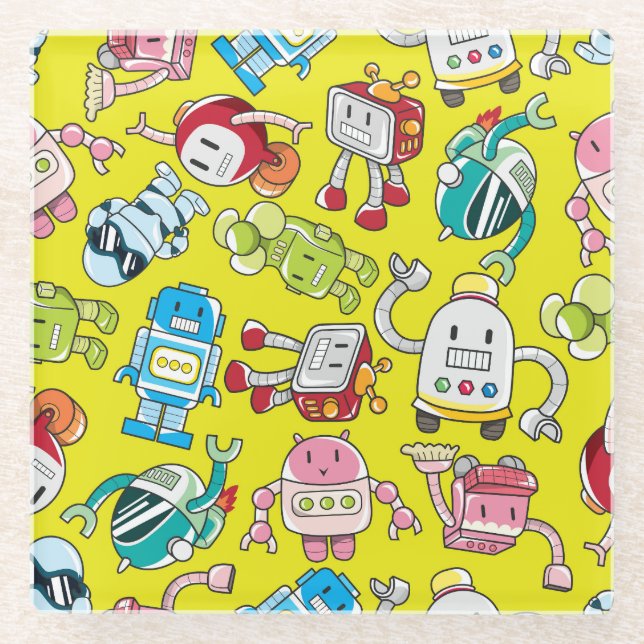 Robot Theme: Colourful Seamless Pattern. Glass Coaster (Front)