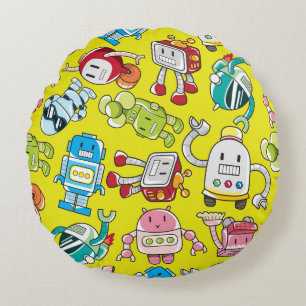 Robot Theme: Colourful Seamless Pattern. Round Cushion