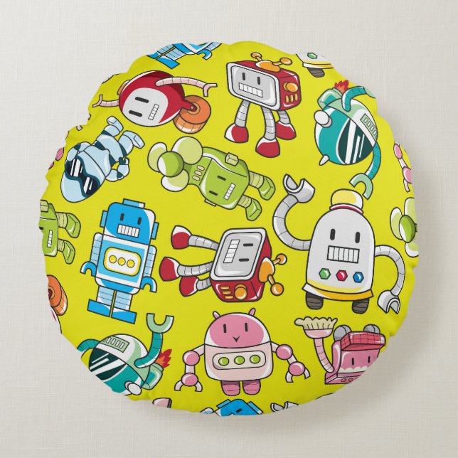 Robot Theme: Colourful Seamless Pattern. Round Cushion (Front)