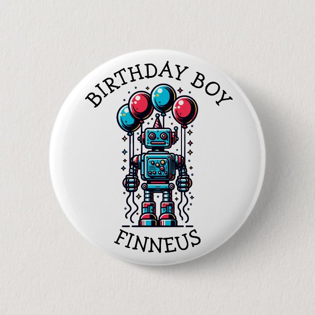 Robot Themed Boy's Happy Birthday 6 Cm Round Badge (Front)