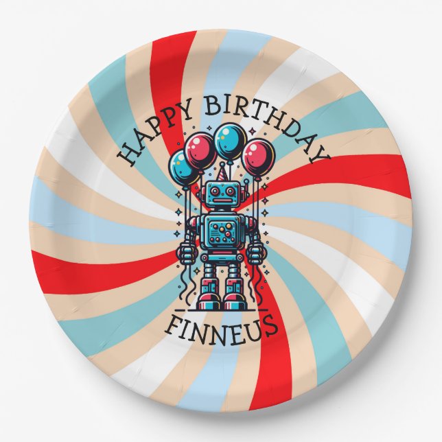 Robot Themed Boy's Happy Birthday Paper Plate (Front)