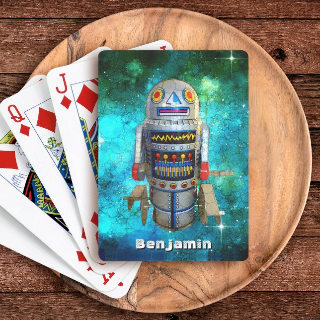 Robot Toy Blue Galaxy Custom Name Vintage Retro Playing Cards (Creator Uploaded)