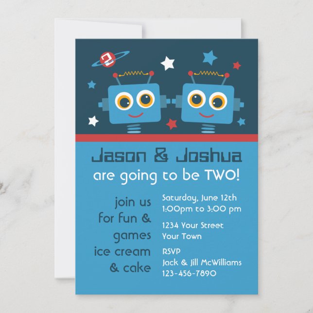 Robot Twins 2nd Birthday Custom Invitations (Front)