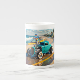 Robot with a surfboard on top of a vintage car bone china mug