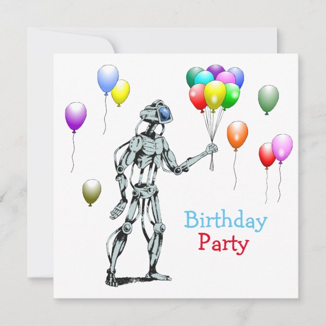 Robot with Balloons Birthday Invitation (Front)