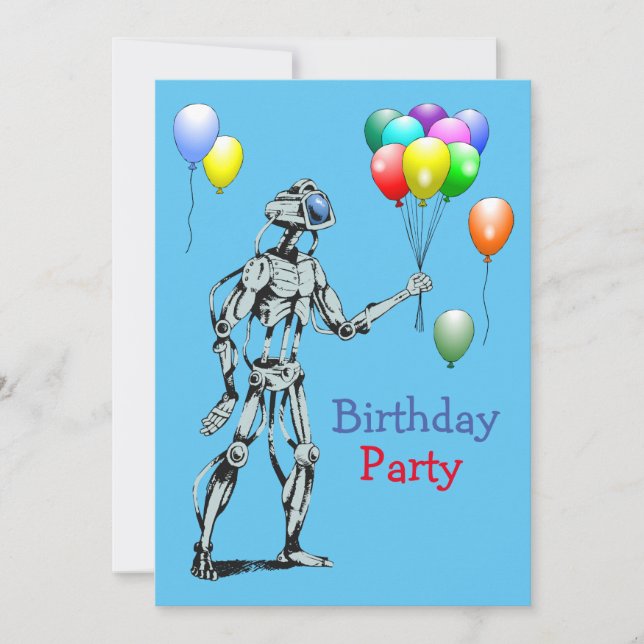Robot with Balloons Birthday Invitation (Front)