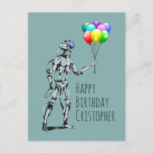 Robot with Balloons Birthday Postcard