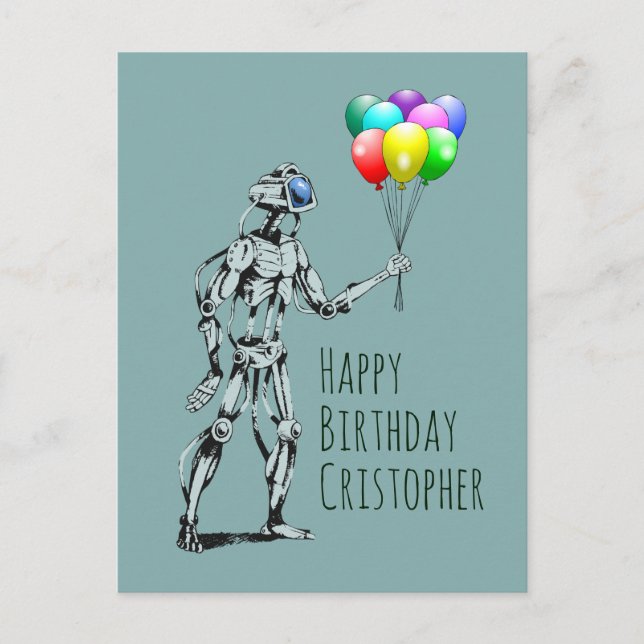 Robot with Balloons Birthday Postcard (Front)